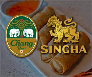 Image of Singha and Chang beer labels on top of an image of Thai appetizer